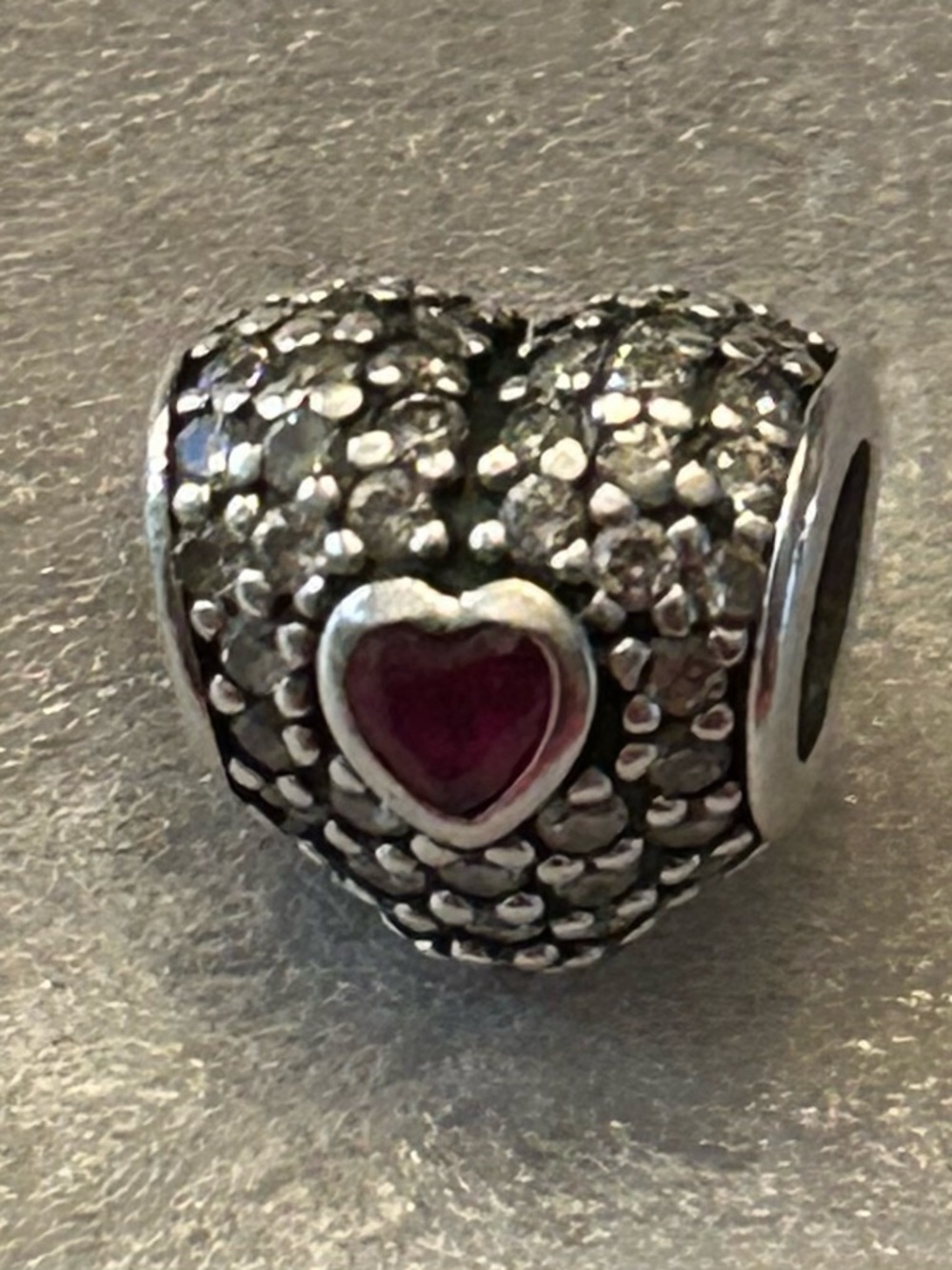 Pandora Silver Heart Charm with Ruby Red Accent